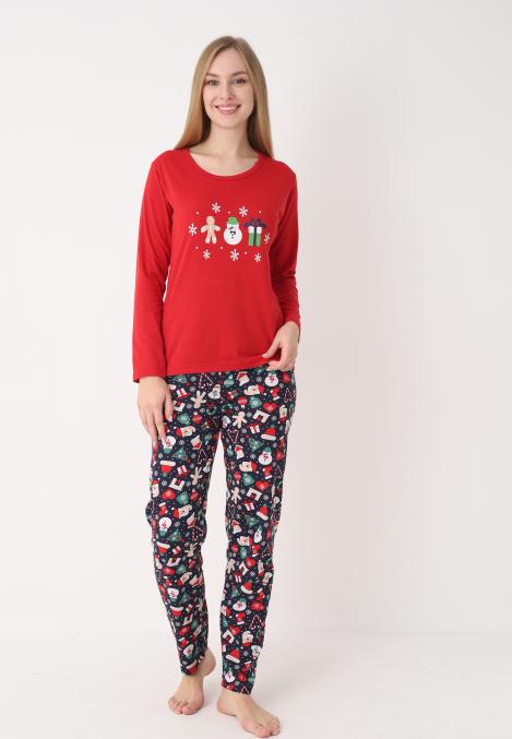 Pijama dama Craciun,maneca lunga si pantaloni lungi,imprimeu figurine festive, En-gros